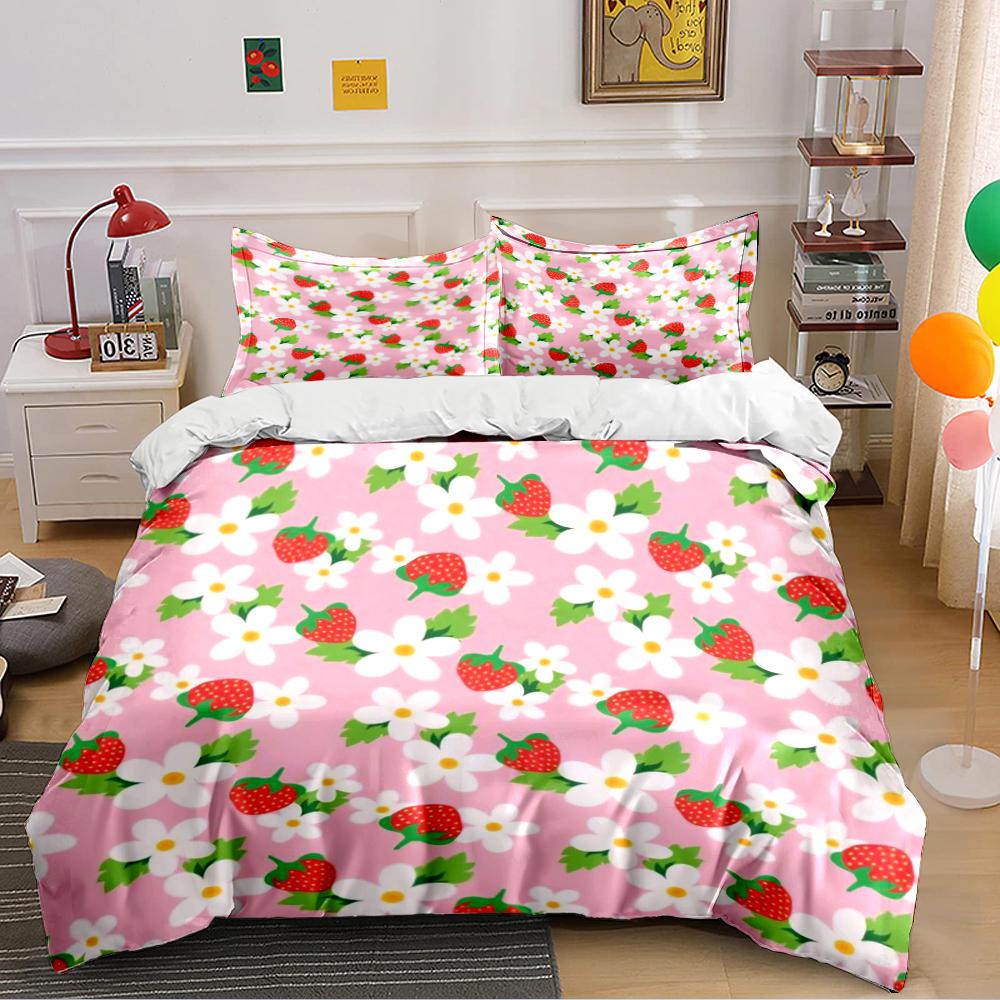Strawberry and Daisy Pink Bedding Set Bedding set (1 duvet cover, 2 pillowcases, duvet not included) 135x200cm