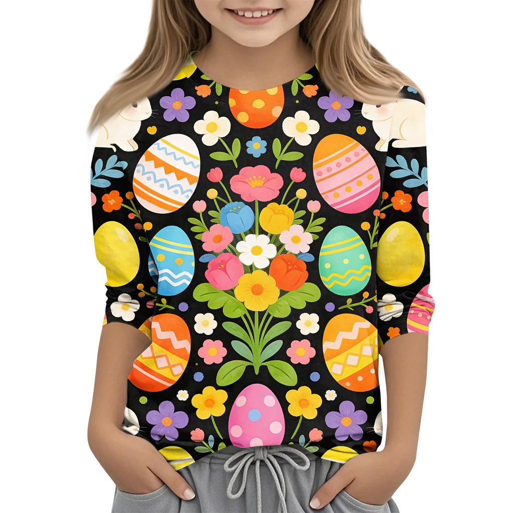 Haut décontracté pour enfants à manches sept-quarts, imprimé Pâques, col rond, imprimé