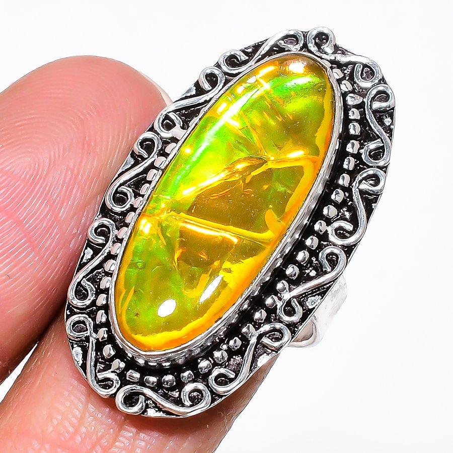 

Натуральний жовтий потрійний опал 925 проби Срібний ювелірний каблучка Розмір 8 AR-16443