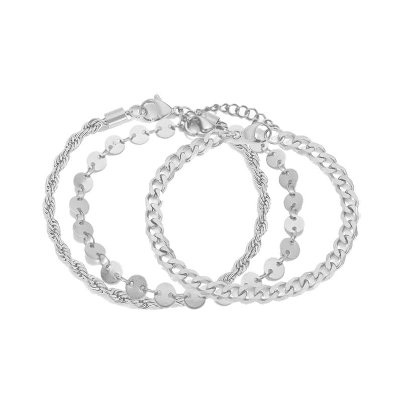 EManco Personalized Bar Bracelet 14K Gold Plated Chain Set Round Disc Chain Bracelets Stainless Steel Layered Jewelry Women 15+3CM/18CM&CDBR004 серебряный