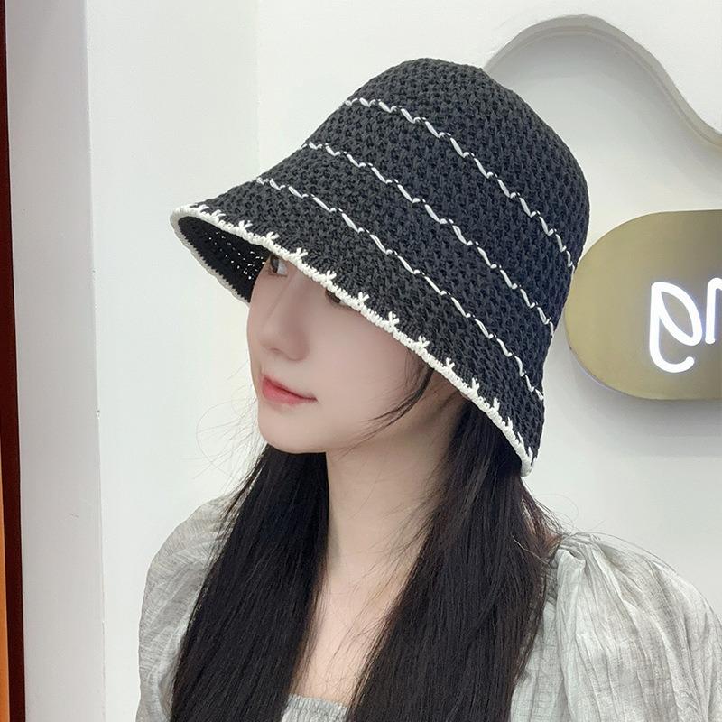 Color matching striped plain and versatile bucket hat summer hollow breathable sun hat dome showing face small straw bucket hat