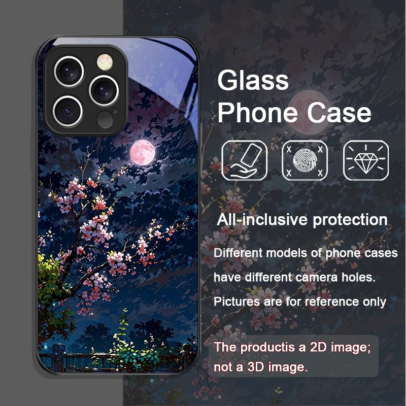 Moon Cherry Blossom Pattern Scenery Tempered Glass Phone Case for iPhone 17 16 Pro Max 15 14 13 12 11 Mini XS XR 7 8 Plus Cover