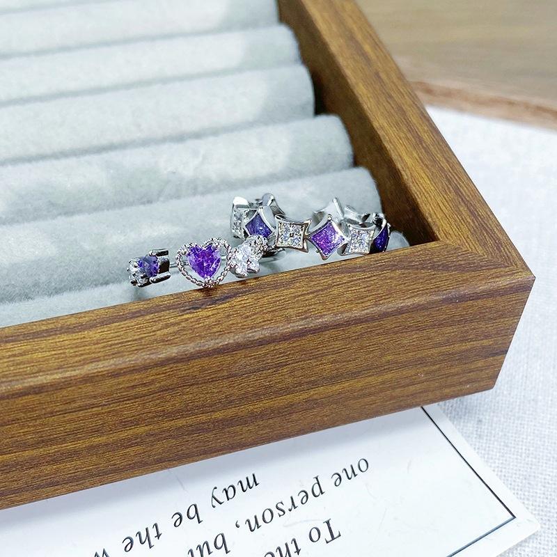 Exquisite Purple Enamel Zircon Four-Pointed Star Love Opening Ring Niche Stacking Wearing Colored Treasure High-Sense Ring