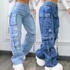 Comércio exterior Europeu e Americano Temu jeans retro lavado feminino cintura alta multi-bolsos macacão casual