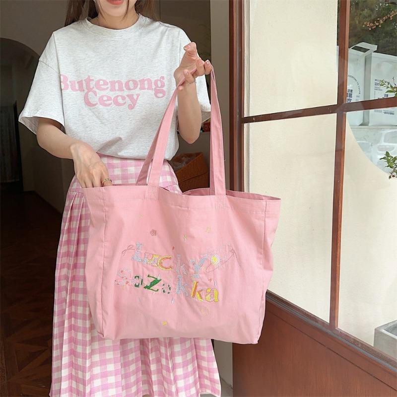 Summer canvas embroidery casual lazy style literary hand carry shoulder bag shopping bag canvas schoolbag