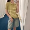 Striped short-sleeved knitted sweater top spring and summer new polo collar half zipper versatile loose and thin T-shirt women