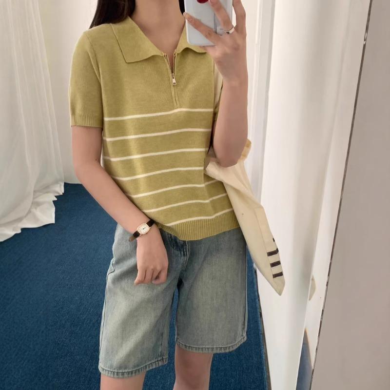 Striped short-sleeved knitted sweater top spring and summer new polo collar half zipper versatile loose and thin T-shirt women