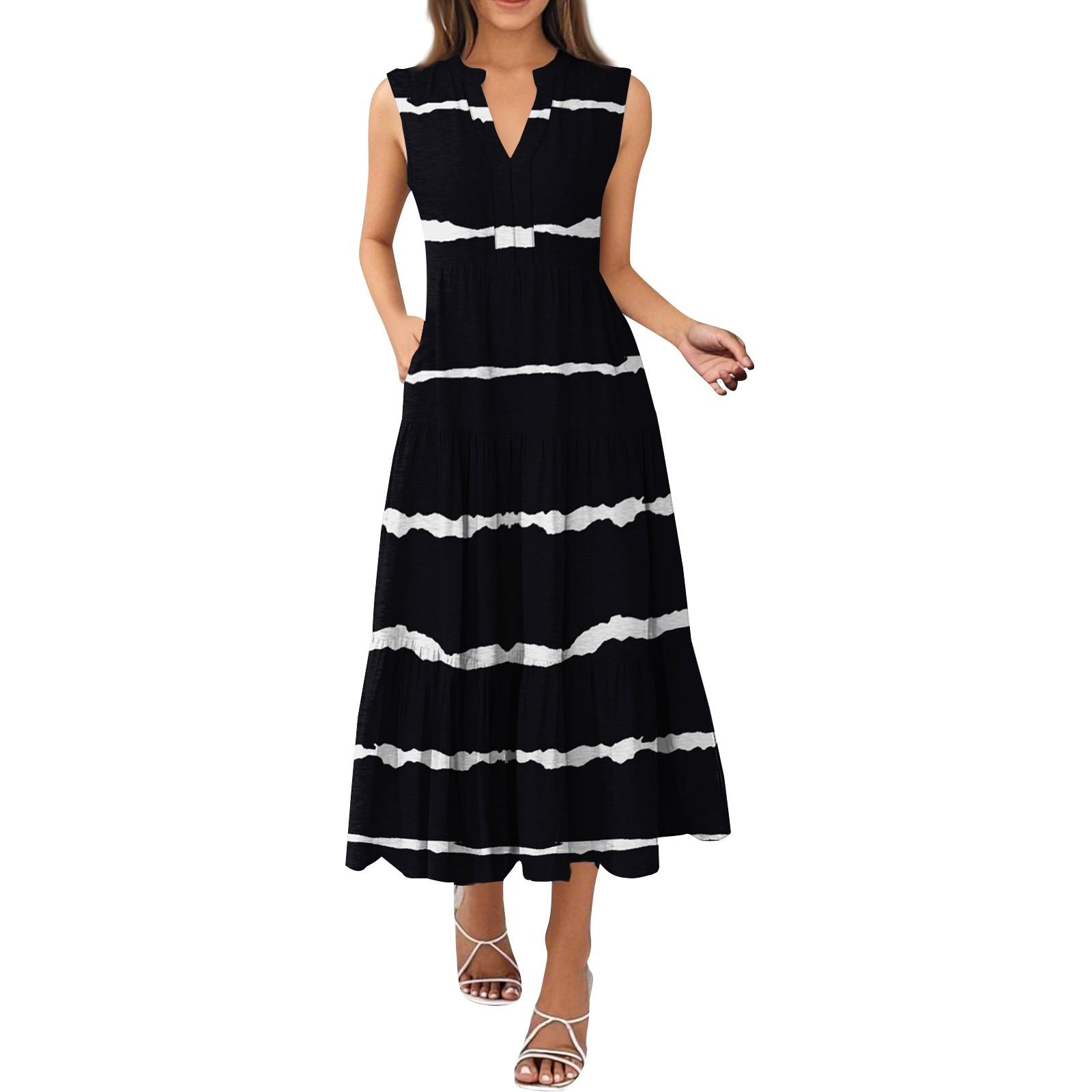 Women s Fashion Summer V-Neck Sleeveless Striped Printed Pleated Dresses L чёрный