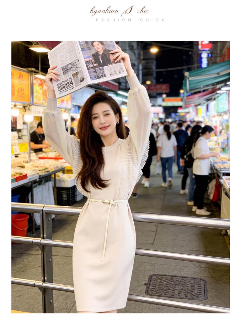 Elegant Loose Knit Dress with Ruffles - Women's Plus Size Long Sleeve Fragrance Style
