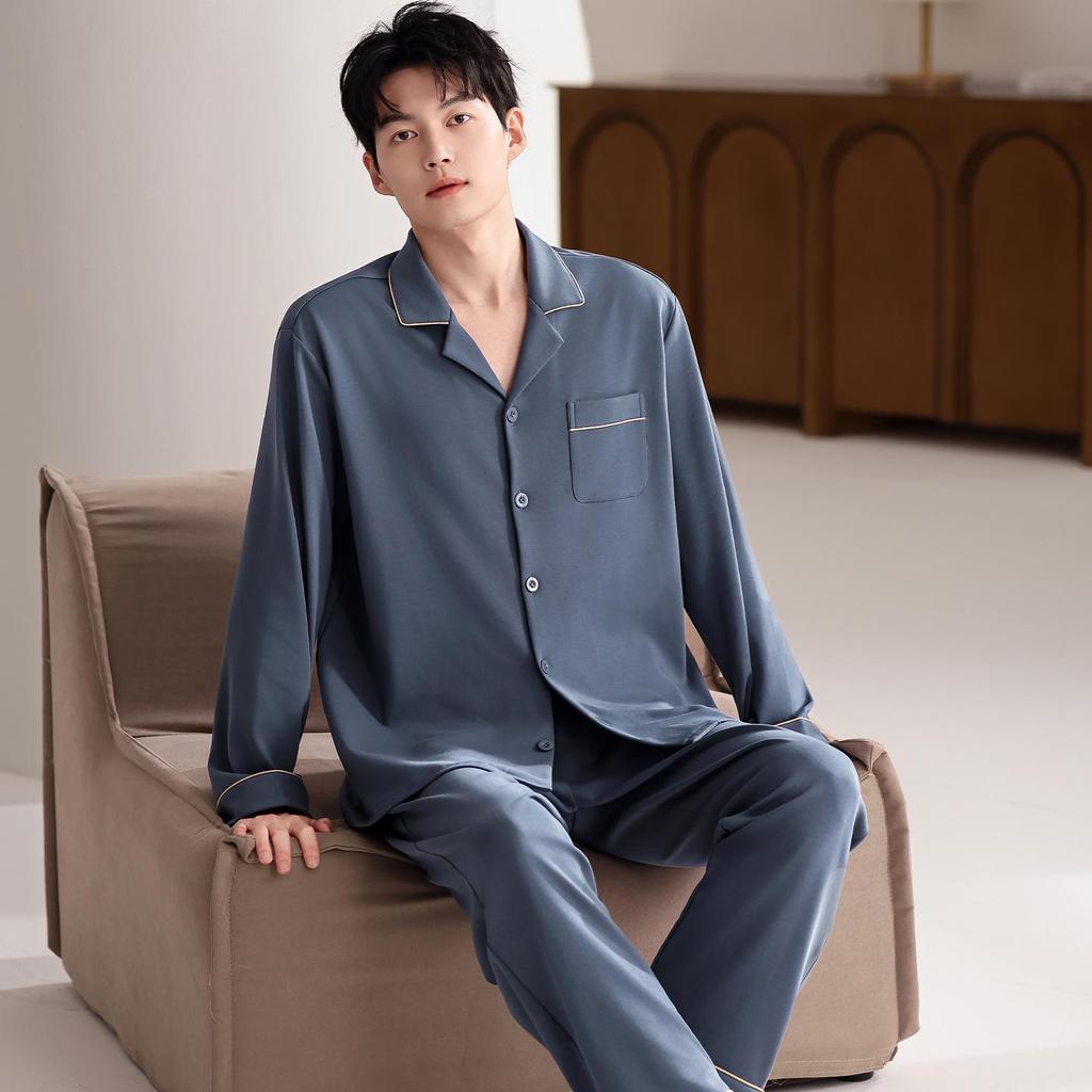 Men's Plus Size Cotton Pajamas Cardigan Set for Spring/Autumn - Long Sleeve, Lightweight, Casual Wear for Home or Out.