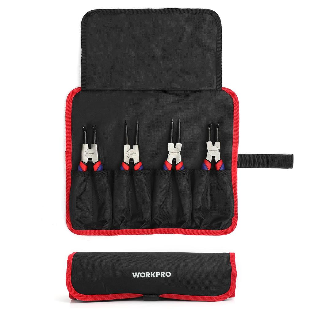 Sada pojistných kroužků WORKPRO pro rovné, zakřivené, rez, upevnění a odpojení pružiny, celková délka, úložný pouzdro, kleště, 4, otvory, hřídele,