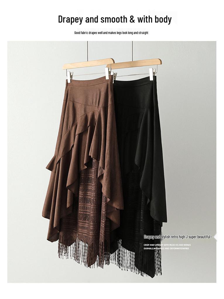 Women's High Waist Lace Patchwork Suede Midi Skirt, 2025 Autumn/Winter