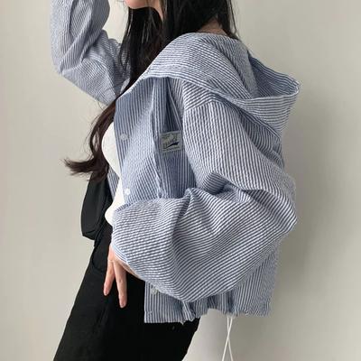 Korean Chic Autumn Fashion Vertical Stripes Contrasting Color Hooded Buckle Casual Short Jacket Women