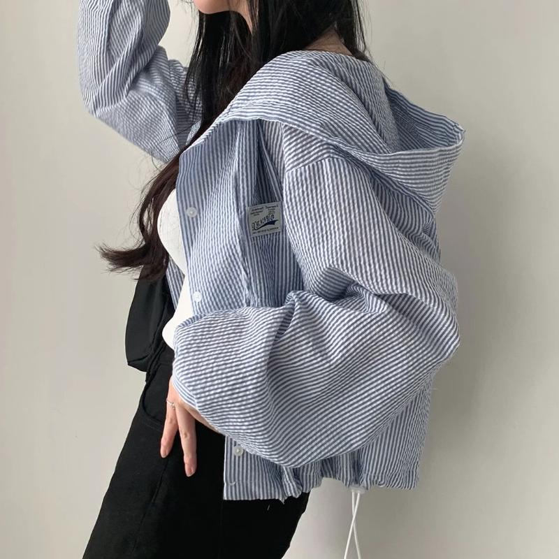 

Корейский Шик Осенняя Мода Вертикальная Полоска Контрастный Цвет Капюшон Пряжка Повседневная Короткая Куртка Женская S синий