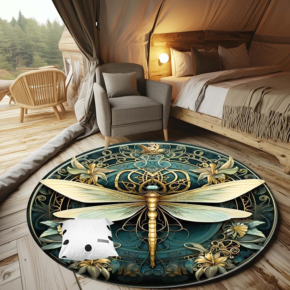 

Dragonfly Theme Round Area Rug with Non Slip Backing, Decorative Floor Mat for Living Room Bedroom Outdoor Patio and Camping Diameter 60cm