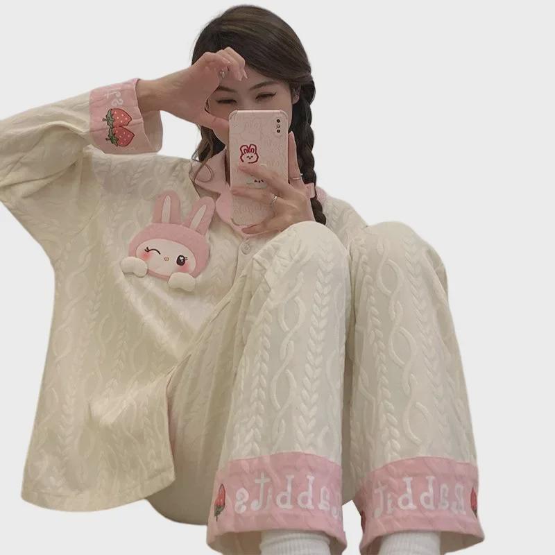 Women's Cotton Jacquard Pajama Set with Lapel Cardigan and Long-Sleeved Trousers for Spring and Autumn