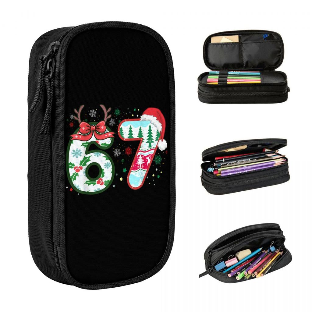 Funny Six Seven 67 Meme Christmas Pencil Case School Pencil Cases Double Layer Boy Girl Retro College Pencil Box Stationery
