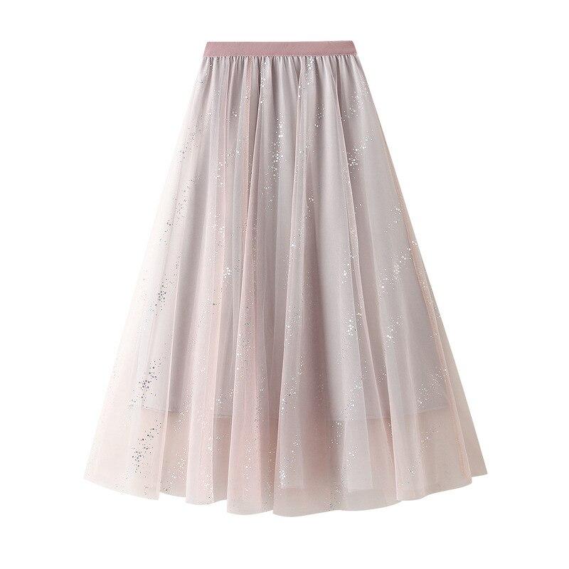 Qooth Women Shiny Fairy Tulle Gauze Skirt Elegant Sweet Elastic Waist Midi Mesh Skirt Ankle Length QT2201