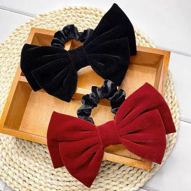 2025 Autumn/Winter Velvet Bow Hair Tie - Burgundy Women's Hair Accessory