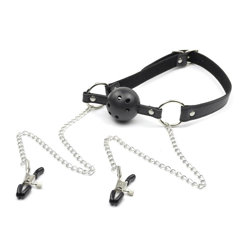 Faux Leather Choker Collar with Nipple Breast Clamp Clip Chain Couple Funny and Interesting Adult Games SM Sex Toys for
