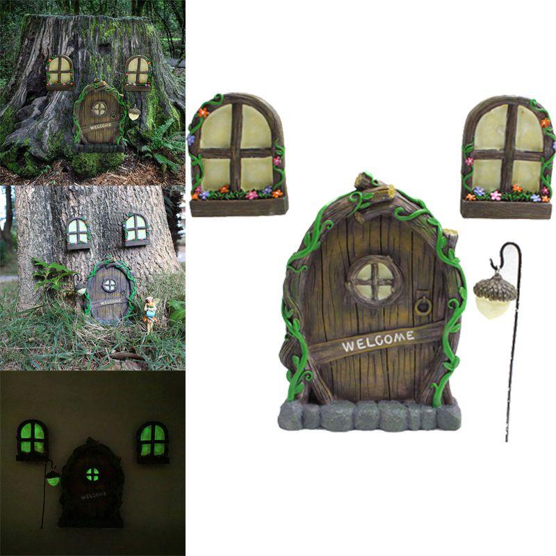 Fairy Miniature 4pcs Tree Door Window Door Glow Gnome Elf Home Sculpture Statues