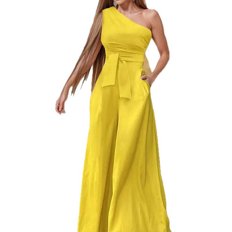 Women's clothing, new spring models in Europe, America, fashion temperament, solid color slanted shoulder lace-up wide-leg jumpsuit