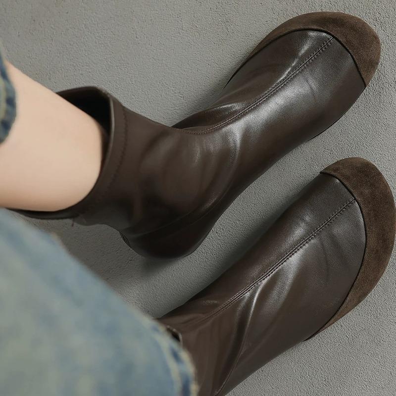 Cowhide version~ retro versatile round head inner heightening elastic boots thin boots women's autumn and winter velvet Chelsea short boots