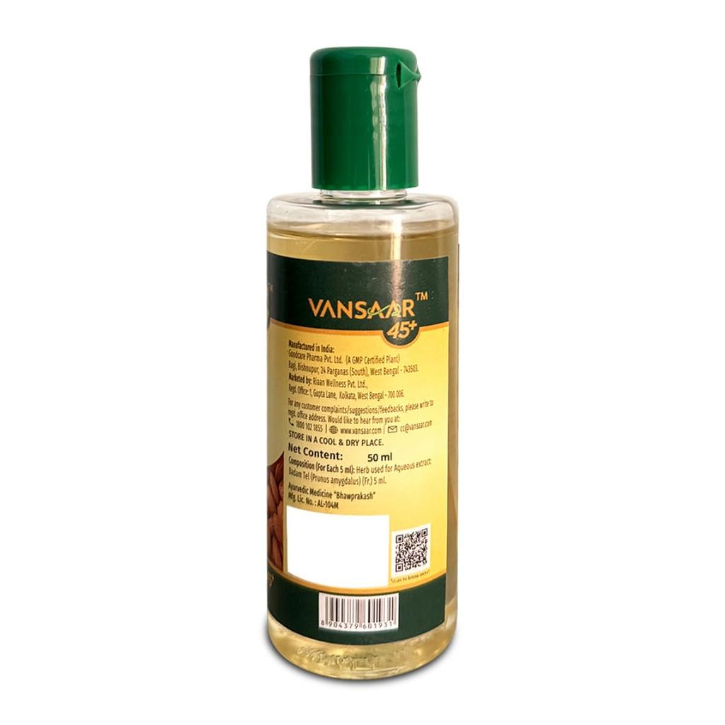 Vansaar 45+ Rogan Badam Oil 50ml Cold Pressed Sweet Almond Oil For Skin Brightening & Hair Shine Nourishment With Natural Californian Almonds