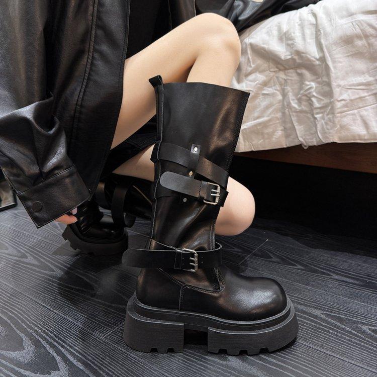 2025 new leather belt buckle locomotive boots women's big head thick heel Martin boots knight boots long boots 7cm venom boots
