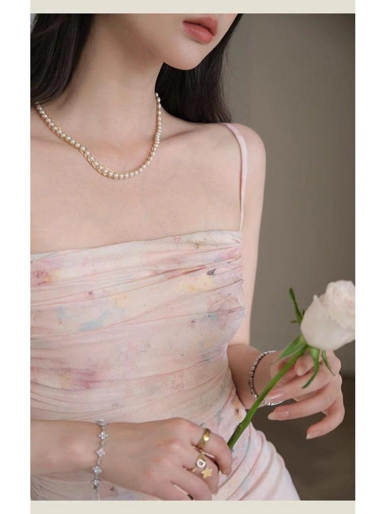 Off-Shoulder Floral Maxi Dress for Women, Slimming Mesh Waist, Gentle Summer Style