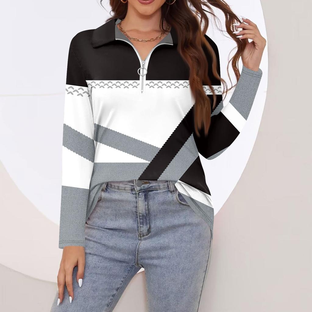 Damen Frühling und Herbst Mode Casual Printed Zipper V-Ausschnitt Langarm Shirt Tops