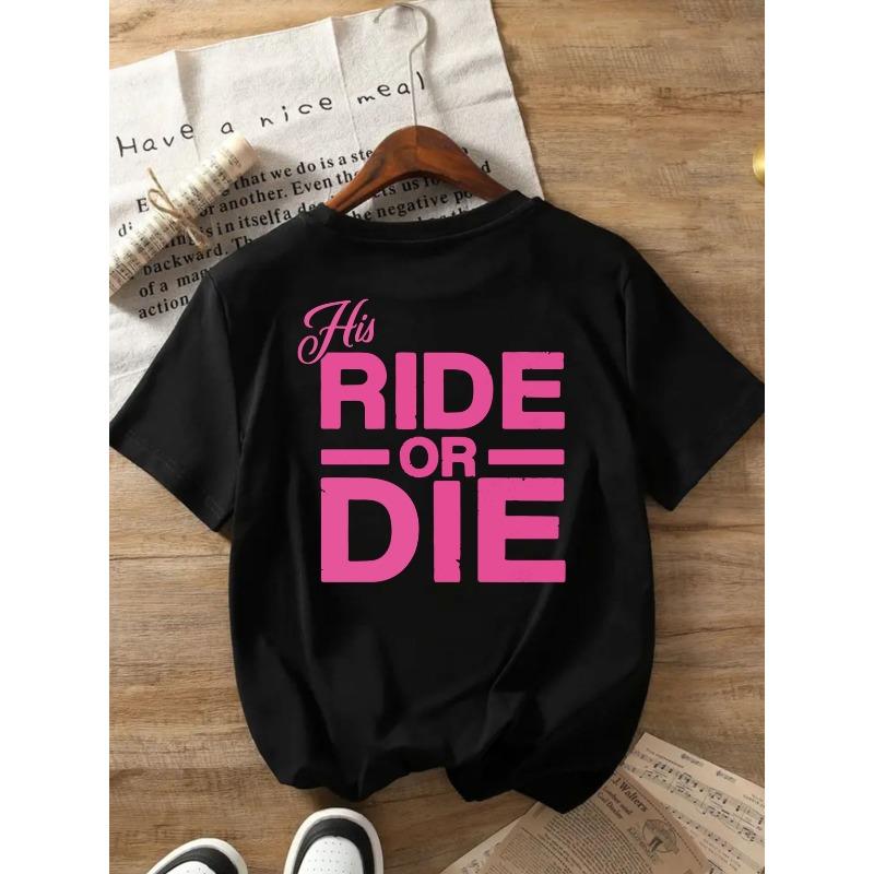 Женская повседневная футболка с коротким рукавом и круглым вырезом, с принтом RIDE OR DIE спереди и сзади, комфортная S чёрный