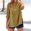 Women's Fashion Loose Standing Collar Button Split Cotton Linen Seven Sleeve T-Shirt Top