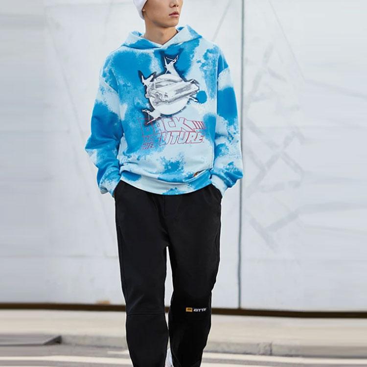 Li Ning X Universal Pictures Back To The Future Collection Letter Print Tie-Dye Loose Pullover Hoodie Unisex Hoodies Blue AWDRB03-1