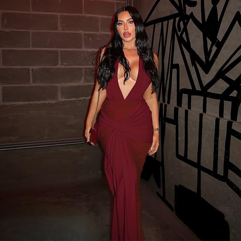 Winter Sexy Lace Cutout Backless Maxi Dress Halter Deep V-Neck Slim Fit Party Date