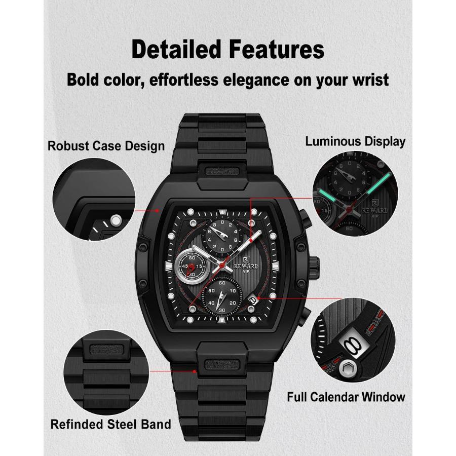 New Design Tonneau Watch Men Luminous Waterproof Date Stainless Steel Chronograph Quartz Watches for Men Relogio Masculino