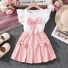 Girls' Fashion Set - Summer Children's Casual Large Bowknot Short-Sleeved Top and Half-Dress Set