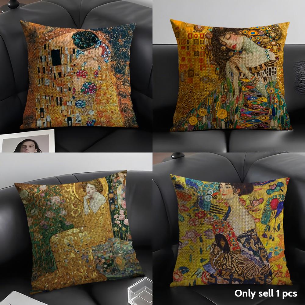 G-Gustav Klimt Oil Art Cushion Cover Natural Linen Organic Fabric Double-Sided Printing Sofa Home Decor Gift Pillow Case