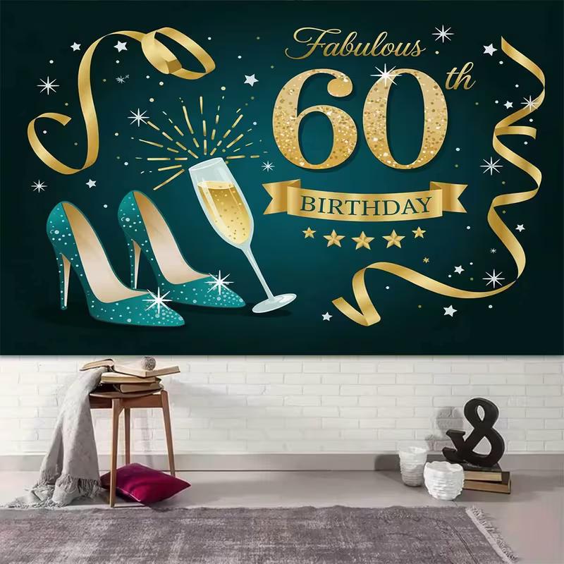 2D "Fabulous 60th Birthday" Backdrop Teal Gold High Heels & Champagne Photography Background Cloth