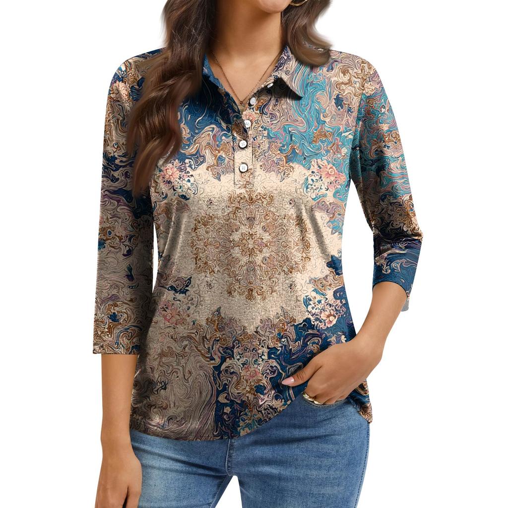 Damska Moda Casual Klapa Krótki Rękaw 3/4 Koszula z Nadrukiem Damskie Bluzki Zapinane na Guziki