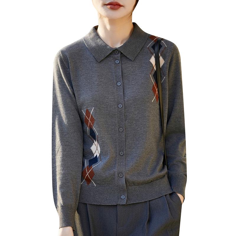 Women's French Retro Diamond Pattern Wool Knit Cardigan - Long Sleeve, Slimming Fit