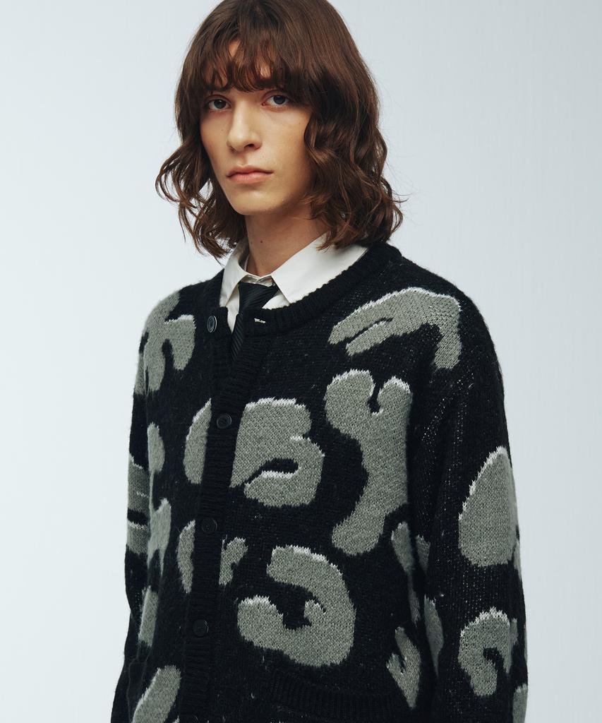 Knitted Bulky Brush Pattern Cardigan Black