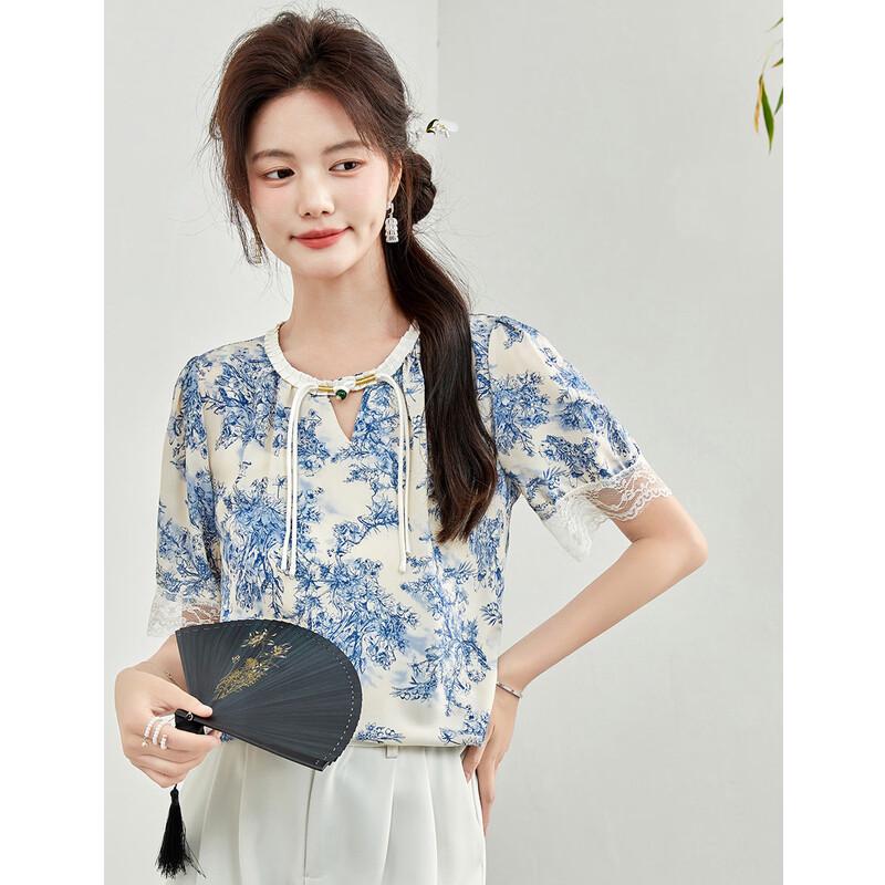 ORIGIN Women s Chinese Style Printed Round Neck T-Shirt L