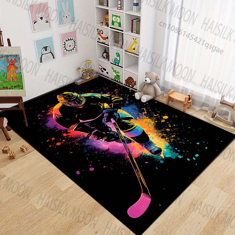 Bunte Illustration eines Hockeyspielers Teppich für Wohnzimmer Schlafzimmer Nachttisch Bodenmatte Garderobe Kinder Spielmatte Teppich