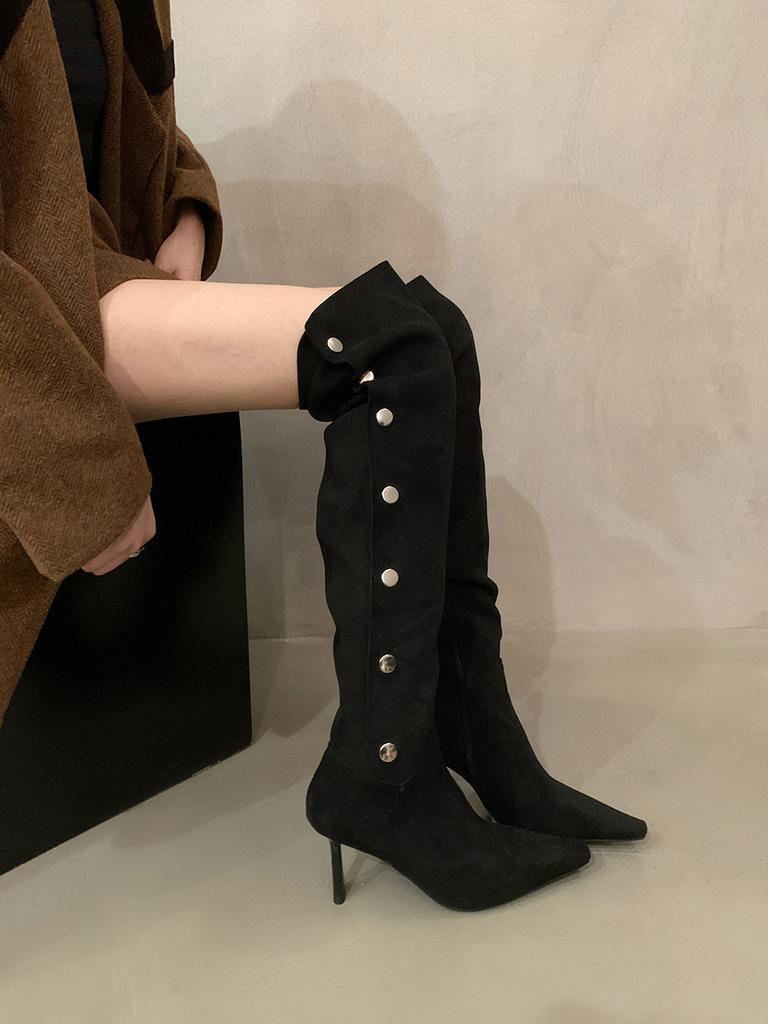 Pointed Suede Skinny Over-the-Knee Boots Women's Autumn and Winter Khaki Pile Long Knight High Heel Boots