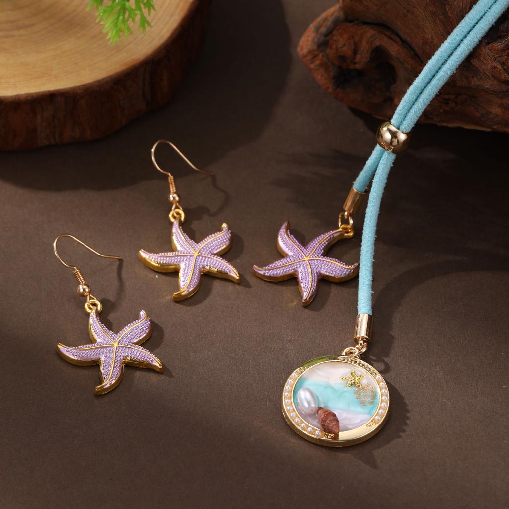 Neue Emaille Farbe Seestern Muschel Ohrringe Lange Halskette Damen Sommer Strand Klein Klar Seestern Langer Anhänger