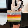 Casual Beach Handbag Strip Weave Bag Large Capacity Lazy Style Rainbow Beach Bag Bohemian Style Hollow Tote Bag Streetwear CLE