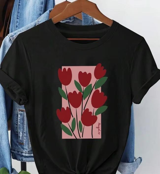 

Women S Casual Red Tulip Print T-Shirt Short Sleeve Round Neck Collection Vibrant Cartoon Everyday Tshirt Vibrant Print Tee Tops 4XL