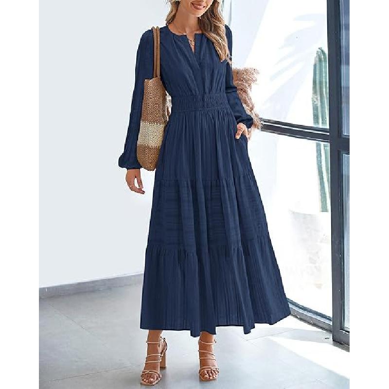 Abito da donna a maniche lunghe con scollo a V, pieghettato e a maniche a sbuffo