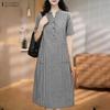 ZANZEA Women Casual Button Round Neck Short Sleeve Plaid Print Dress